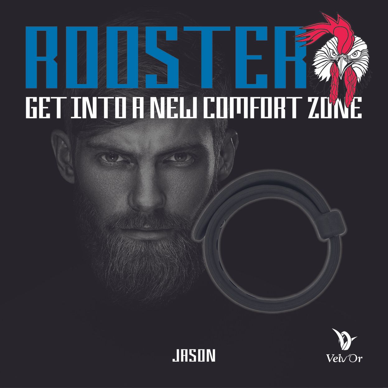 VELV'OR - ROOSTER JASON SIZE ADJUSTABLE FIRM STRAP DESIGN COCK RING BLACK