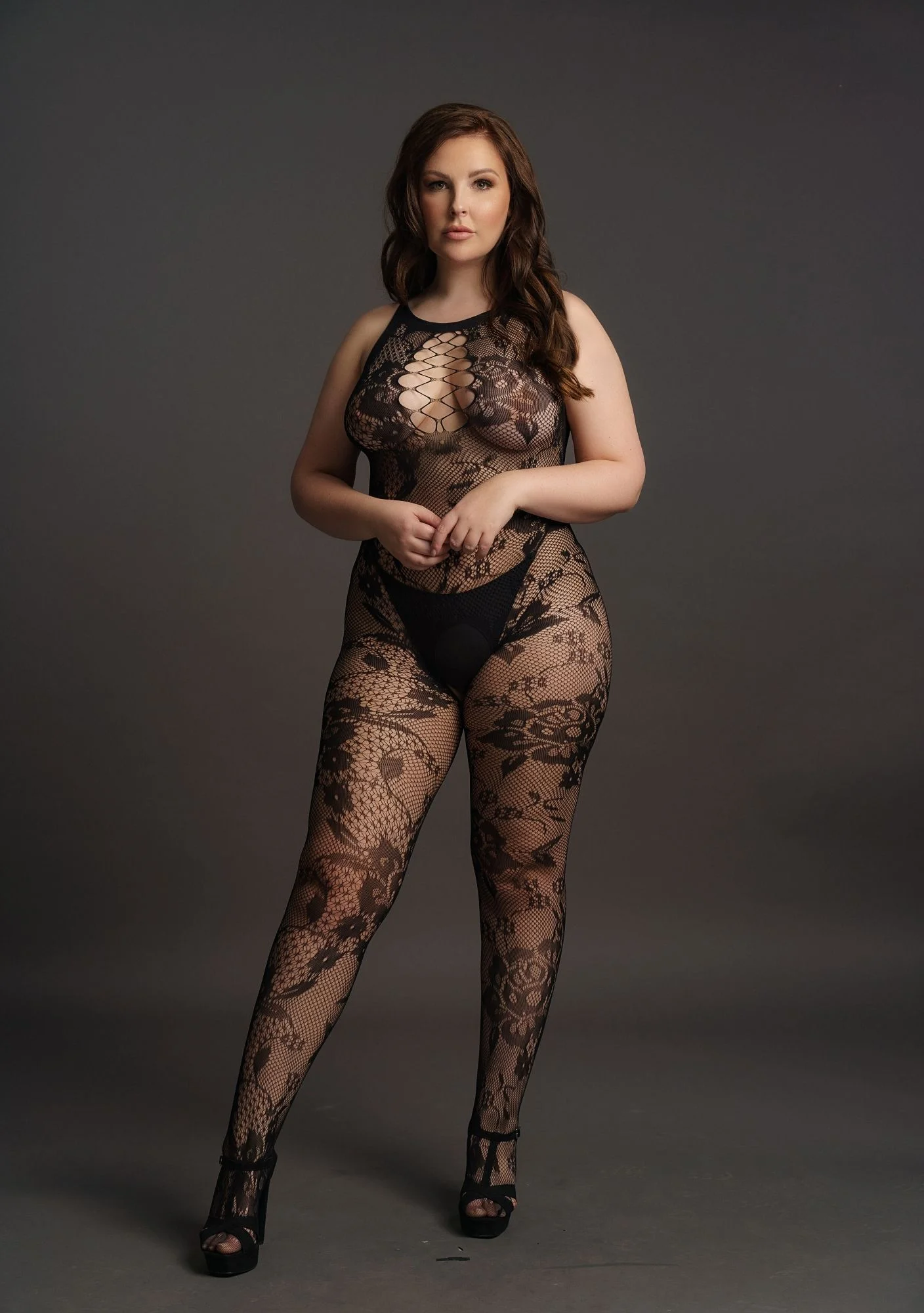 Curvy Catsuit in kant optiek zwart
